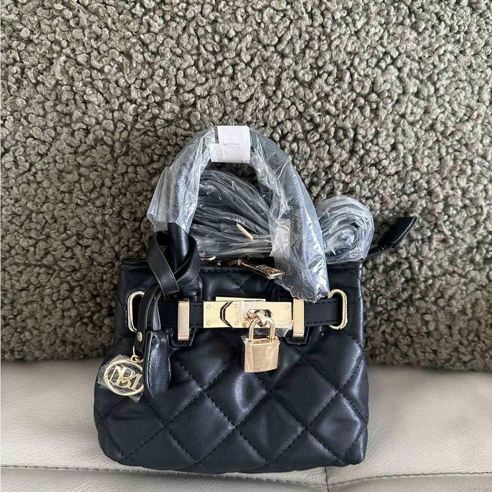 Badgley Mischka Black Quilted Mini Bag with Gold Lock